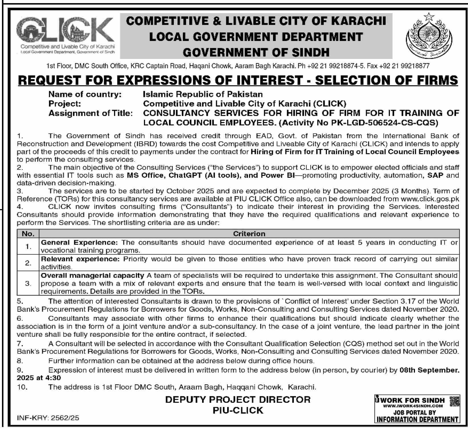 Local Government Department Karachi Tender Notice
